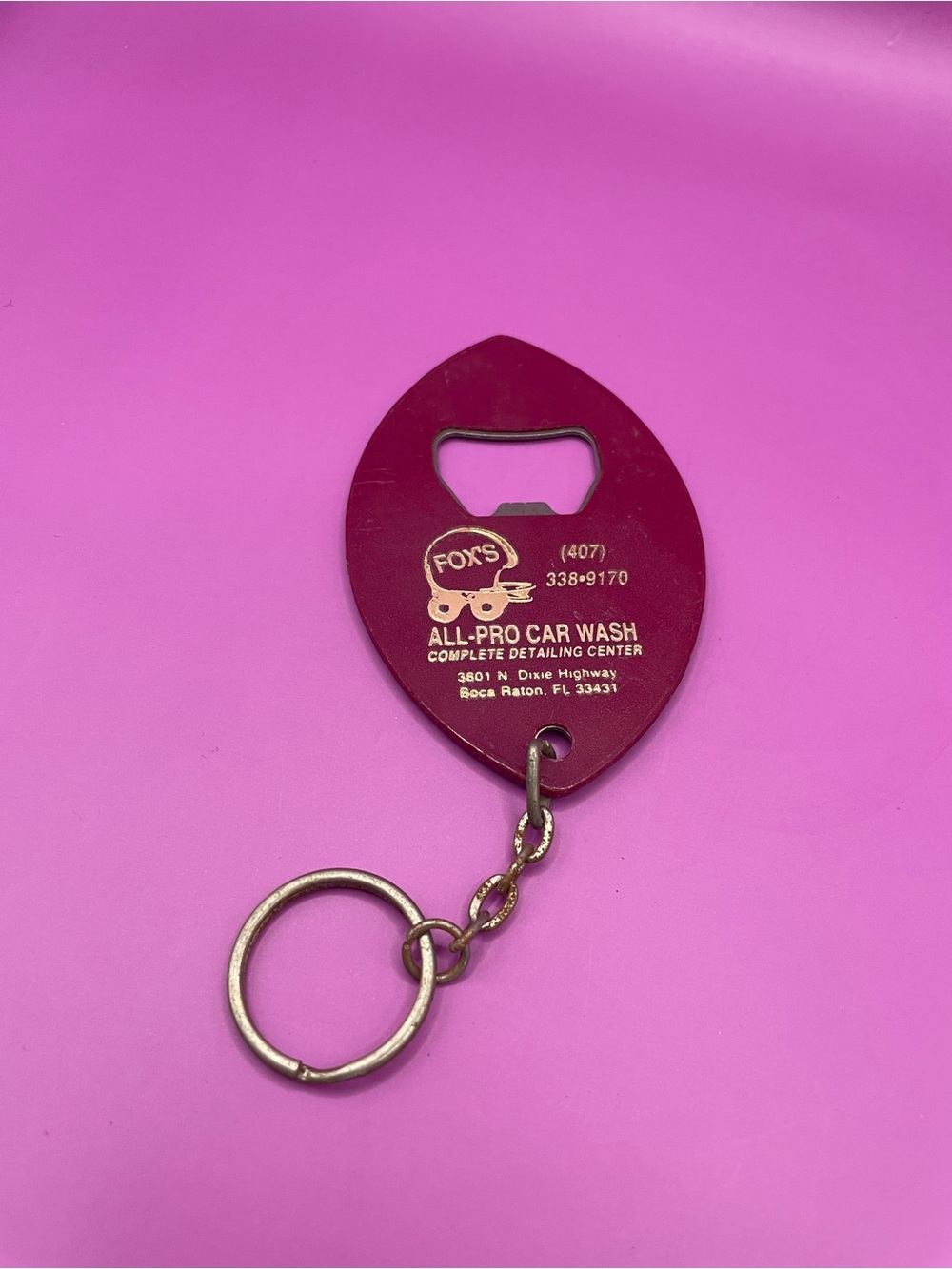 Vintage Fox's All-Pro Car Wash Bottle Opener Keychain Boca Raton Florida